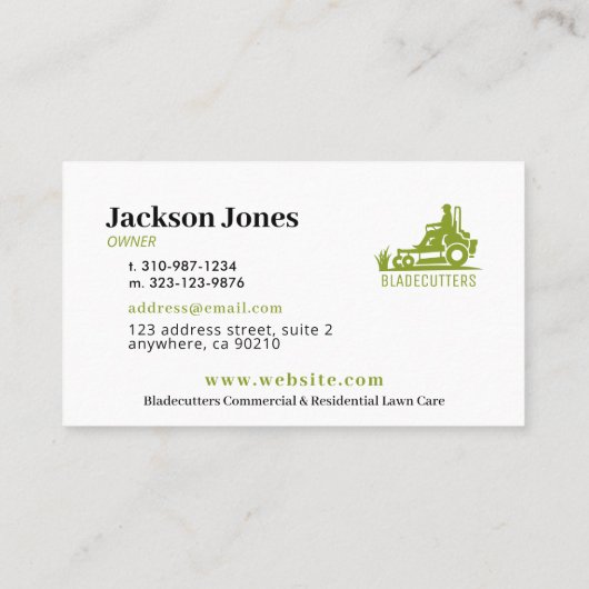 Green on White Rascare + Mowing Business Cards Visitenkarte (Rückseite)