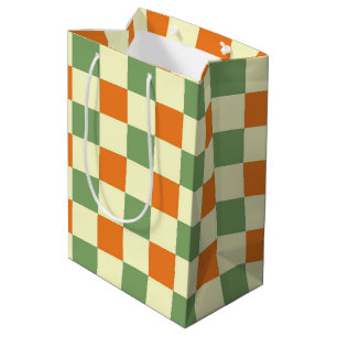 Green Orange Brown Checkered Gingham Pattern Mittlere Geschenktüte
