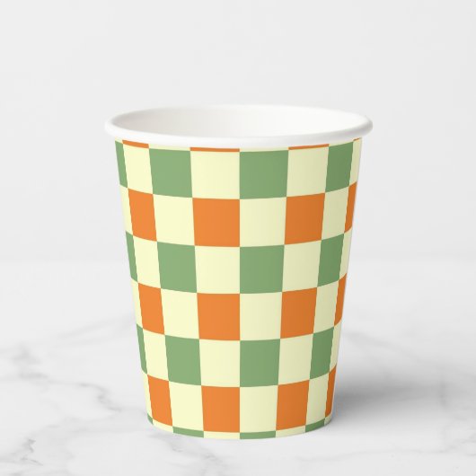 Green Orange Brown Checkered Gingham Pattern Pappbecher (Rückseite)