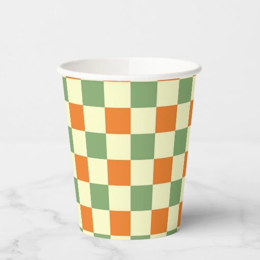 Green Orange Brown Checkered Gingham Pattern Pappbecher (Links)