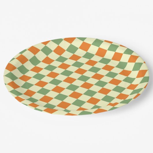 Green Orange Brown Checkered Gingham Pattern Pappteller (Schrägansicht)