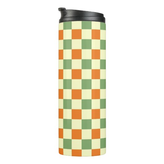 Green Orange Brown Checkered Gingham Pattern Thermosbecher (Nach rechts gedreht)