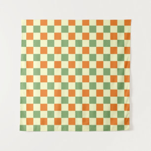 Green Orange Brown Checkered Gingham Pattern Wandteppich