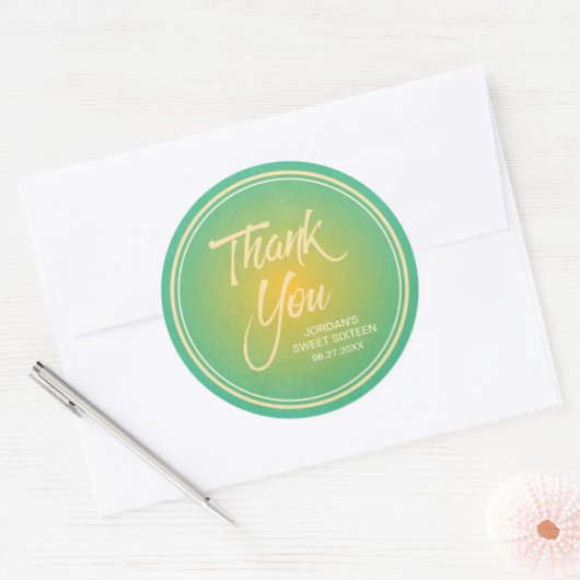 Green & Orange Citrus Gradient Sweet 16 Vielen Dan Runder Aufkleber (Umschlag)