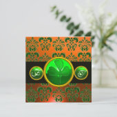GREEN ORANGE DAMASK, KLEEBLATT MONOGRAMM schwarz Einladung (Stehend Vorderseite)