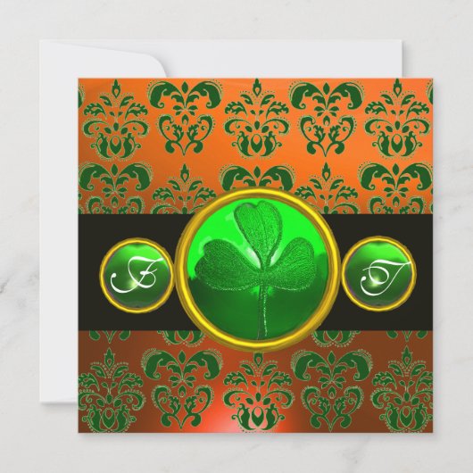 GREEN ORANGE DAMASK, KLEEBLATT MONOGRAMM schwarz Einladung (Vorderseite)