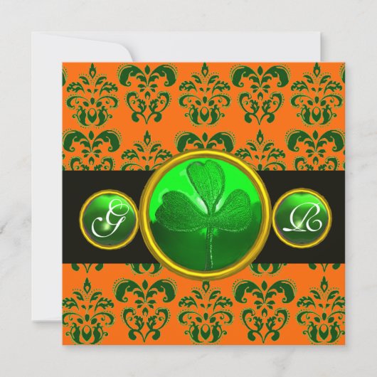 GREEN ORANGE DAMASK, KLEEBLATT MONOGRAMM schwarz Einladung (Vorderseite)