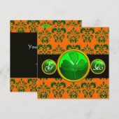 GREEN ORANGE DAMASK, KLEEBLATT MONOGRAMM schwarz Einladung (Vorne/Hinten)