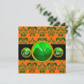 GREEN ORANGE DAMASK, KLEEBLATT MONOGRAMM schwarz Einladung (Stehend Vorderseite)