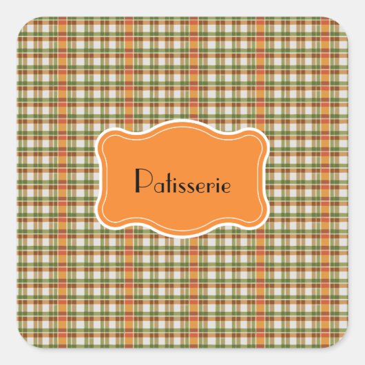 Green Orange Gingham Quadratischer Aufkleber (Vorderseite)