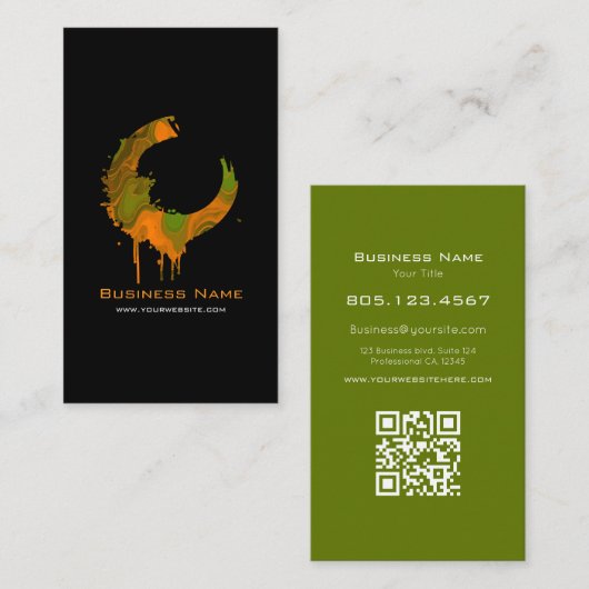 Green & Orange Paint Swirl Drip • Custom Editable Visitenkarte (Vorne/Hinten)