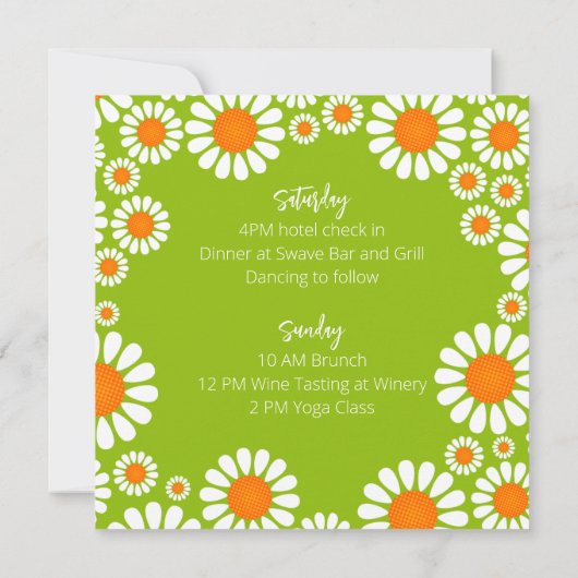 Green Orange Retro Daisy Bachelorette Itinerary Einladung (Rückseite)