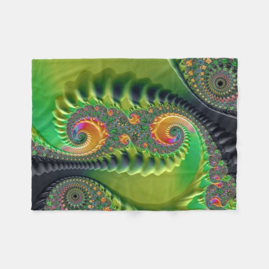 Green Orange Spirals Feine Fraktal Kunst Fleecedecke (Vorderseite (Horizontal))