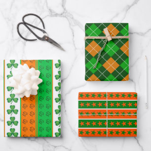 GREEN ORANGE WHITE IRISH KLEEBLATTS STARTEN GESCHENKPAPIER SET