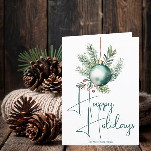 Green Ornament Trendy Happy Holidays Script Feiertagskarte