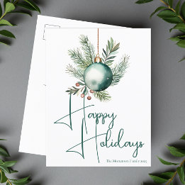Green Ornament Trendy Happy Holidays Script Feiertagspostkarte