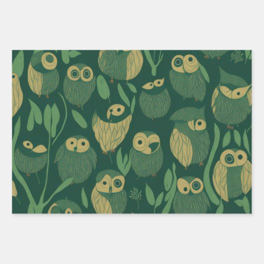 Green Owls Geschenkpapier Set (Vorderseite)