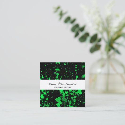 Green Paint Spritzer auf der Black Square Business Quadratische Visitenkarte (Stehend Vorderseite)