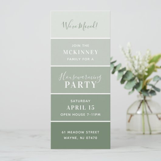 Green Paint Swatch Card Housewarming Party laden Einladung (Stehend Vorderseite)