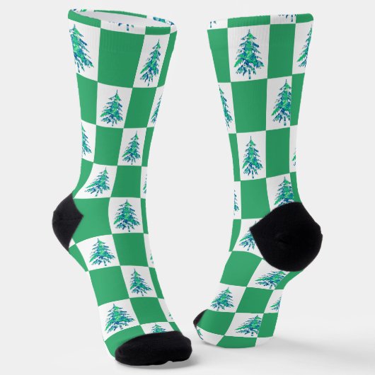 Green Painterly Xmas Tree Checkerboard Socken (Gewinkelt)