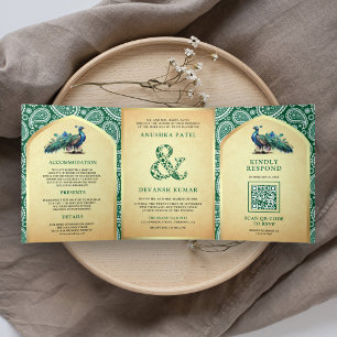 Green Paisley Indian Peacock QR Code Wedding Dreifach Gefaltete Einladung