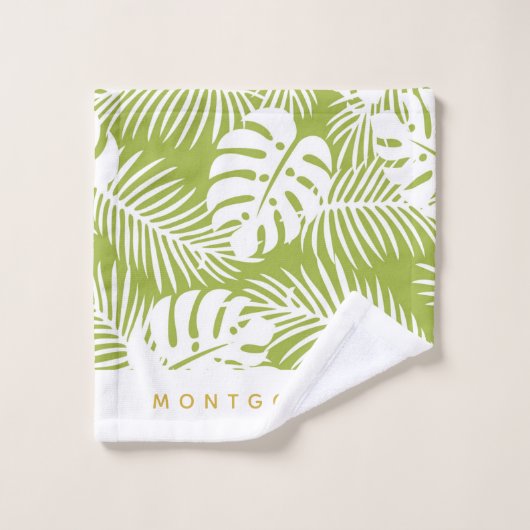 Green Palm Blätter Jungle Muster Personalisiert Badhandtuch Set (Waschlappen)