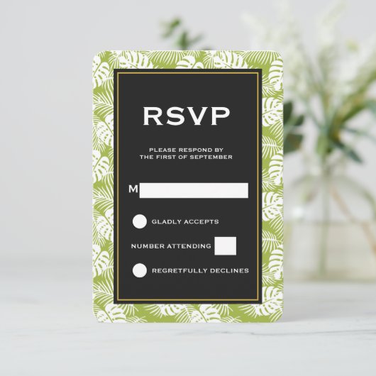 Green Palm Blätter Rainforest Muster Hochzeit RSVP (Stehend Vorderseite)