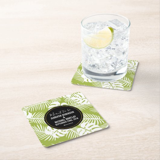 Green Palm Blätter Rainforest Pattern Hochzeit Rechteckiger Pappuntersetzer (Vor Ort)