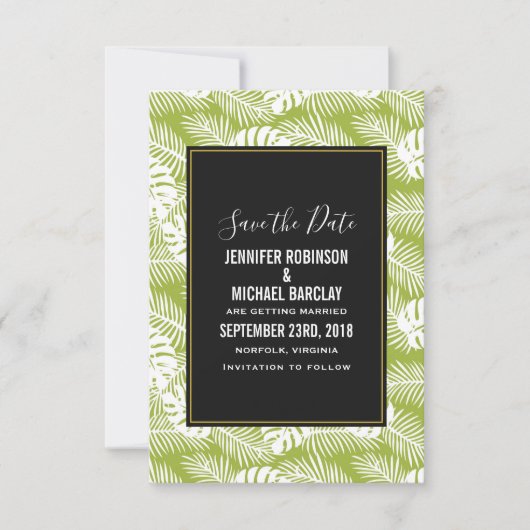 Green Palm Blätter Rainforest Pattern Hochzeit Save The Date (Vorderseite)