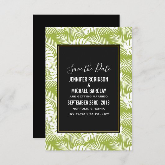 Green Palm Blätter Rainforest Pattern Hochzeit Save The Date (Vorne/Hinten)