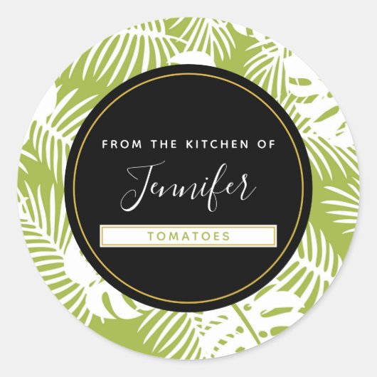 Green Palm Blätter Regenwald Muster Küche Runder Aufkleber (Vorderseite)