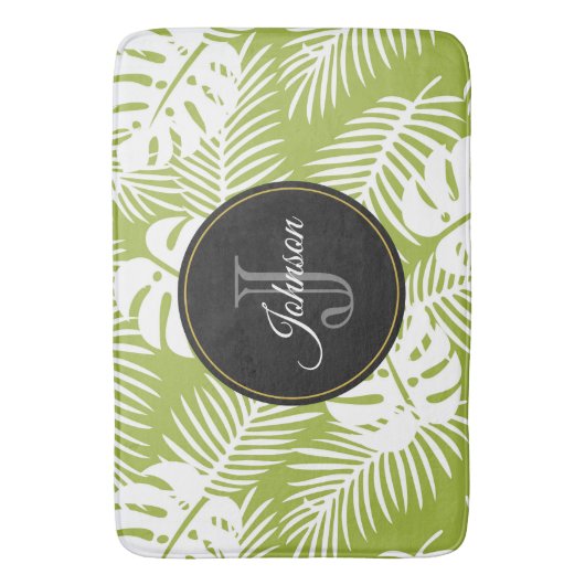 Green Palm Blätter Regenwald Muster Monogram Badematte (Vorderseite Vertikal)