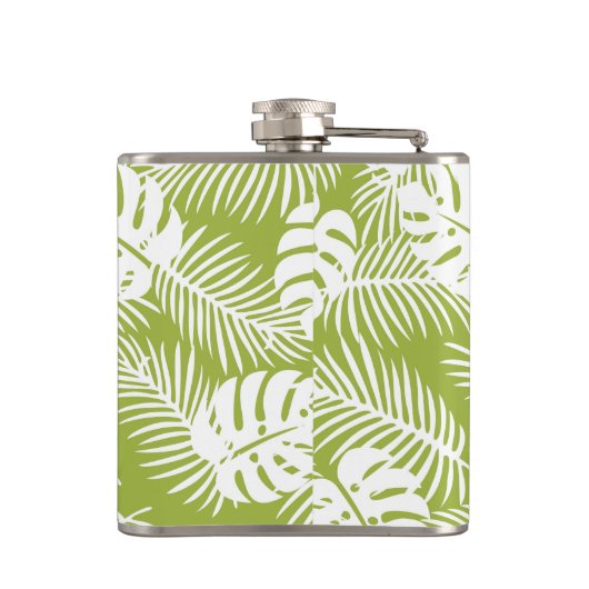 Green Palm Blätter Regenwald Muster Monogram Flachmann (Rückseite)