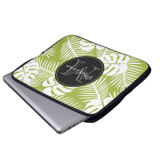 Green Palm Blätter Regenwald Muster Monogram Laptopschutzhülle (Vorne Knopf)