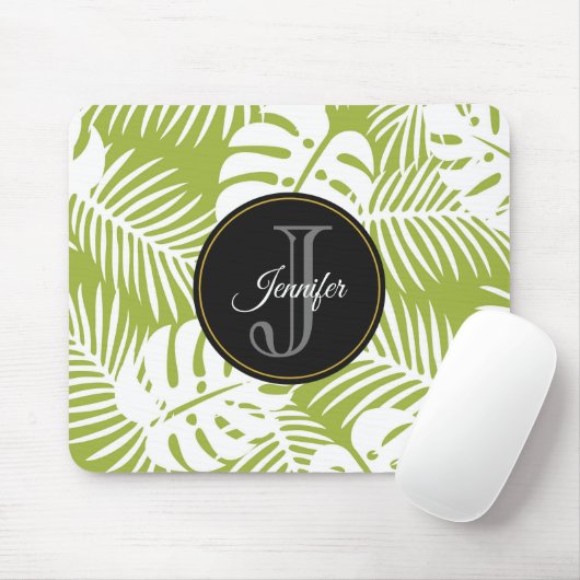 Green Palm Blätter Regenwald Muster Monogram Mousepad (Mit Mouse)