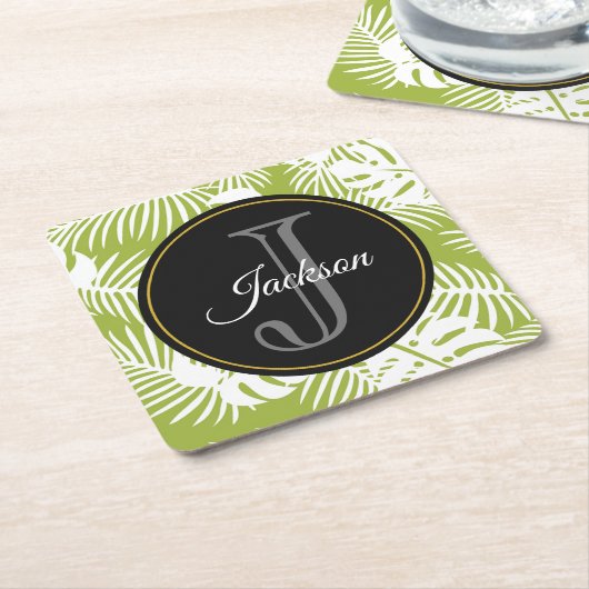 Green Palm Blätter Regenwald Muster Monogram Rechteckiger Pappuntersetzer (angewinkelt)