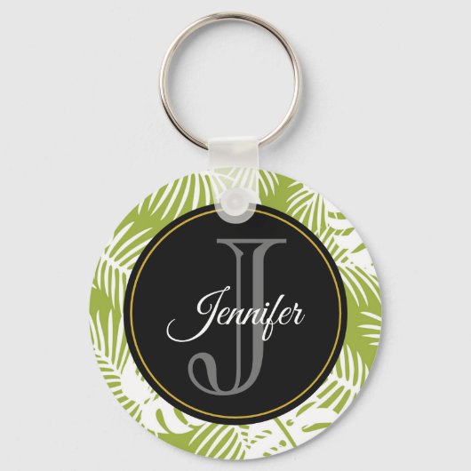 Green Palm Blätter Regenwald Muster Monogram Schlüsselanhänger (Vorderseite)