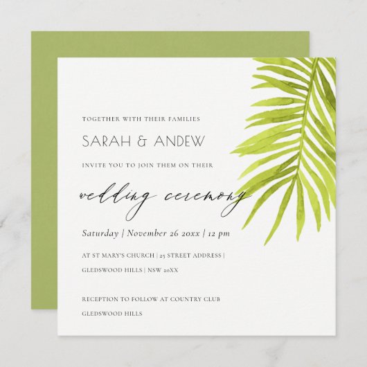 GREEN PALM LEAF WATERCOLOR FOLIAGE WEDD EINLADUNG (Vorne/Hinten)