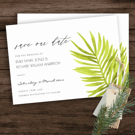 GREEN PALM LEAF WATERCOLOR FOLIATION SAVE THE DATE