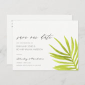 GREEN PALM LEAF WATERCOLOR FOLIATION SAVE THE DATE ANKÜNDIGUNGSPOSTKARTE (Vorne/Hinten)