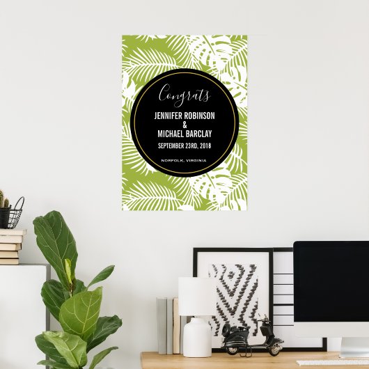Green Palm Leaves Rainforest Pattern Wedding Poster (Heimbüro)