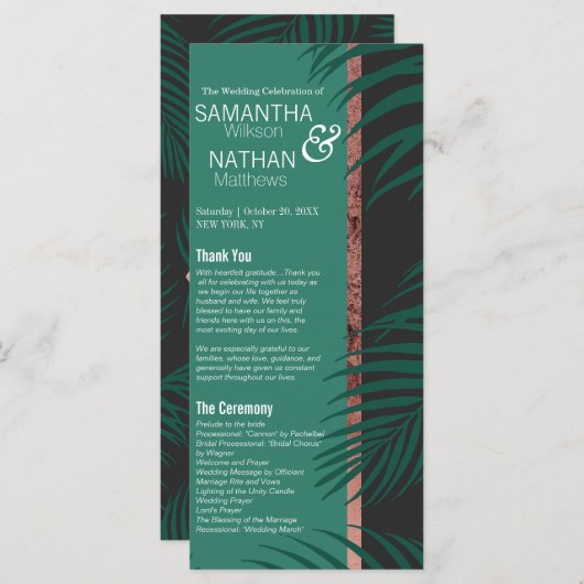 Green Palm Tree Blätter Black Rose Gold Hochzeit Programm (Vorne/Hinten)