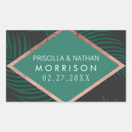 Green Palm Tree Blätter Black Rose Gold Hochzeit Rechteckiger Aufkleber