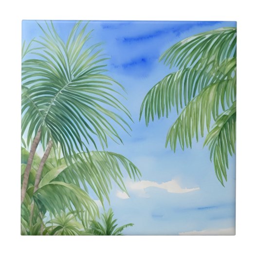 Green Palm Tree Blätter Blue Sky Watercolor Fliese (Vorderseite)