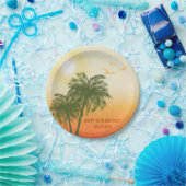 Green Palm Trees Orange Sunset Tropical Birthday Pappteller (Party)