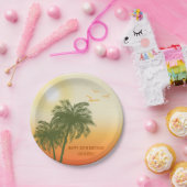 Green Palm Trees Orange Sunset Tropical Birthday Pappteller (Party)