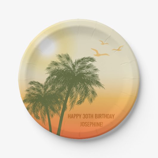 Green Palm Trees Orange Sunset Tropical Birthday Pappteller (Vorderseite)