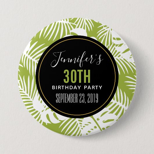 Green Palm Verlasse Regenwaldmuster Geburtstag Button (Vorderseite)