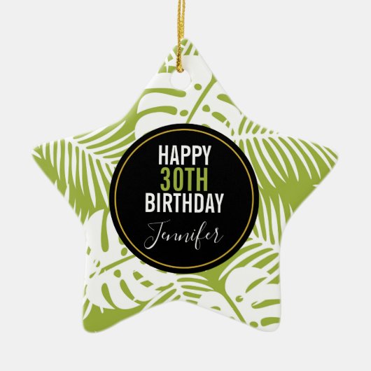 Green Palm Verlasse Regenwaldmuster Geburtstag Keramik Ornament (Vorne)