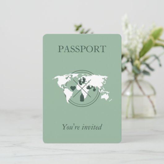 Green Passport Travel Boy Babydusche Weltkarte in Einladung (Stehend Vorderseite)